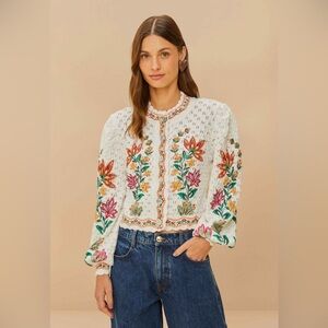 FARM Rio White Cropped Eyelet Cardigan with Multicolor Floral Embroidery